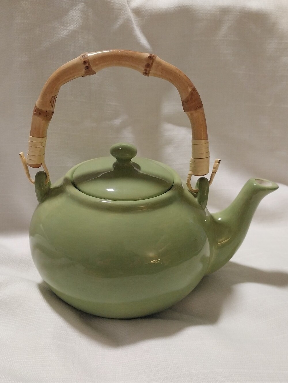 Pottery Barn Sausalito Green Bamboo Handle Teapot
